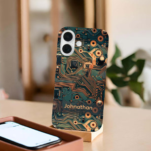 Coque Pour iPhone 16 Carte de circuit Dark Turquoise Gold personnalisée