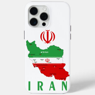 Coque iPhone 15 Pro Max Carte de l'Iran avec drapeau et emblème