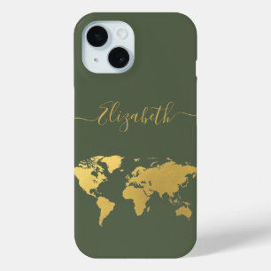 Coque Pour iPhone 15 Carte du monde voyageurs or monogrammed vert