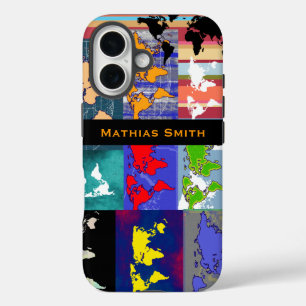Coques iPhone 16 cartes du monde géographiques colorées