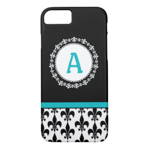 Coque iPhone 8/7 Cas de l'iPhone 5 de Monogram Fleur de Lis d'Aqua