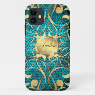 Coque iPhone 11 Cas en filigrane de Teal d'or fleuri à peine là