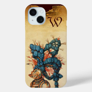 COQUE POUR iPhone 15 CASQUE DE CHEVALIER ANTIQUE AUX FEUILLES BLEU ROUG