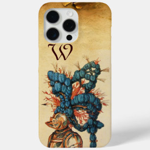 COQUE iPhone 15 PRO MAX CASQUE DE CHEVALIER ANTIQUE AUX FEUILLES BLEU ROUG