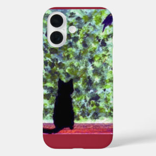 Coque Pour iPhone 16 Cat Art Black Cat Oiseau à observer!