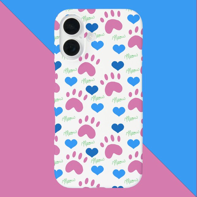 Coques Case-Mate iPhone Cat Paw Hearts Meow Blue Pink Green (A phone case with a pattern of pink cat paws, blue hearts & green meows.)