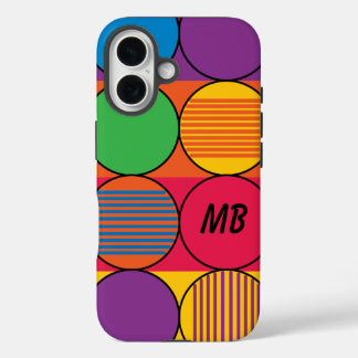 Coque Pour iPhone 16 Cercles et bandes de couleur vive et initiales