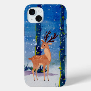 Coque iPhone 15 Mini Cerf dans la Forêt de neige magique