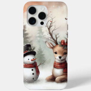Coque iPhone 15 Pro Max Cerf de Noël/bonhomme de neige en bois classique