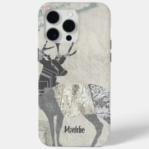Coque iPhone 15 Pro Max Cerf Rustique Personnalisé Abstrait Floral Géométr
