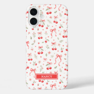 Coques iPhone 16 Plus Cerises avec rubans coquettes rouges monogrammées