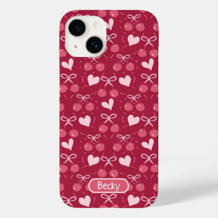Coque Pour iPhone 14 Cerises Bows Coeurs rouge et rose