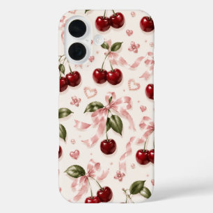 Coque Pour iPhone 16 Cerises Coquette & Ruban de Satin Rose Motif Sans