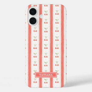 Coques iPhone 16 Plus Cerises Monogrammées à Rayures Aquarelle