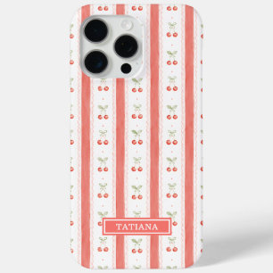 Coque iPhone 15 Pro Max Cerises Monogrammées Aquarelle Rayées