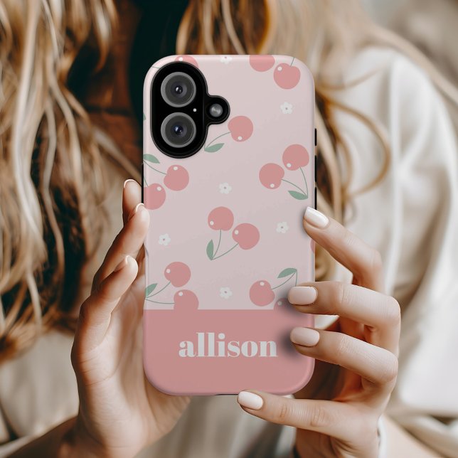 Coques Case-Mate iPhone Cerises roses Retro Nom personnalisé Monogramme (Créateur téléchargé)