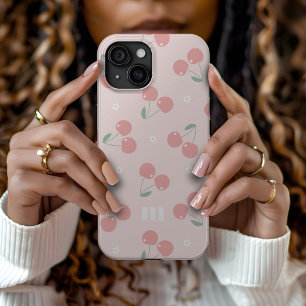 Coque Pour iPhone 15 Cerises roses Retro Nom personnalisé Monogramme