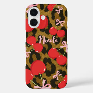 Coque Pour iPhone 16 Cerises Rouges avec Nœud Rose Imprimé Léopard Coqu