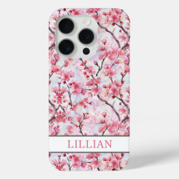 Coque iPhone 15 Pro Cerisiers Fleuris Sakura Monogrammés