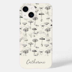 Coque Pour iPhone 14 Champignons blancs noirs modernes avec nom personn