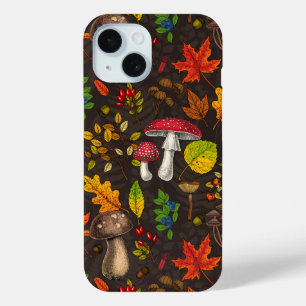 Coque Pour iPhone 15 Champignons d'automne, noix et baies sur le noir