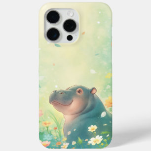 Coque iPhone 15 Pro Max Champs de Fleurs et Hippopotame Heureux
