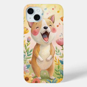 Coque iPhone 15 Mini Chant chien mignon avec des fleurs