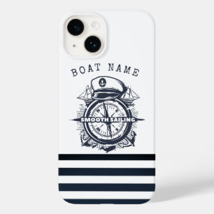 Coque Pour iPhone 14 Chapeau Marin, Ancre, Roue Rayures Bleu Marine