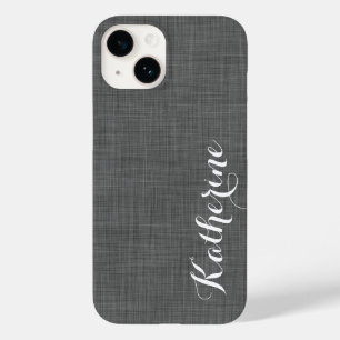 Coque Pour iPhone 14 Charcoal Grey Faux Lin Texture sur mesure Monogram