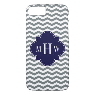 Coque iPhone 7 Charcoal Thin Chevron Navy Quatrefoil 3 Monogramme