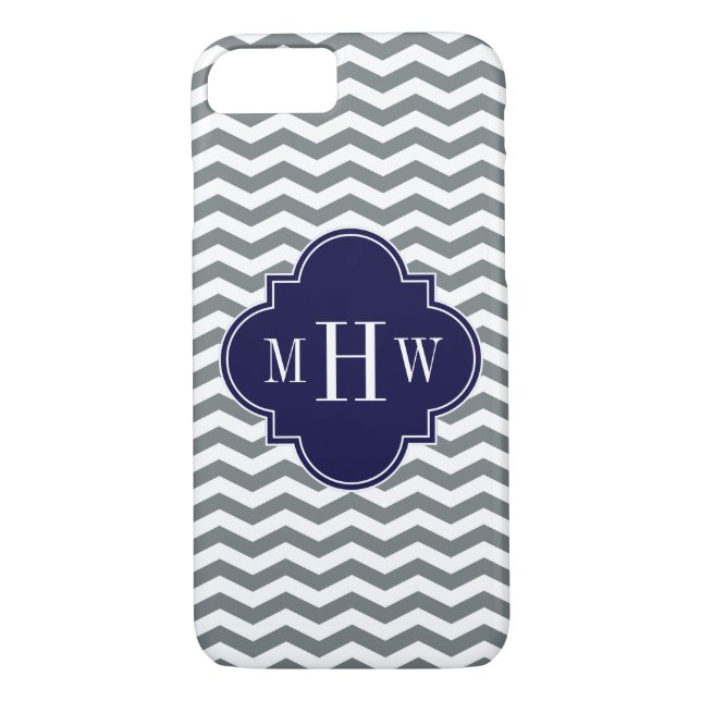 Coques Case-Mate iPhone Charcoal Thin Chevron Navy Quatrefoil 3 Monogramme (Dos)