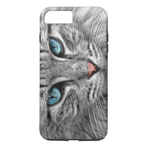 Coque iPhone 8 Plus/7 Plus Chat aux yeux bleus Nez rose et fourrure gris
