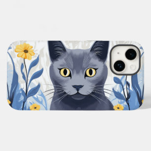 Coque Pour iPhone 14 Chat Bleu Russe Fleurs Jaunes