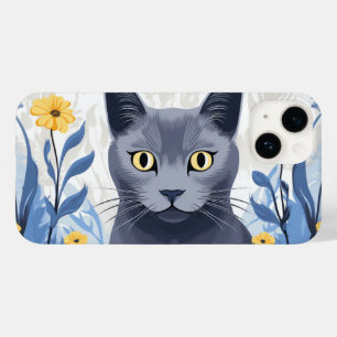 Coque Pour iPhone 14 Chat Bleu Russe Fleurs Jaunes