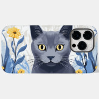 Chat Bleu Russe Fleurs Jaunes