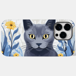 Coque Pour Pour iPhone 14 Pro Max Chat Bleu Russe Fleurs Jaunes