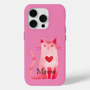 Coque iPhone 15 Pro Chat Coeur rose Meow