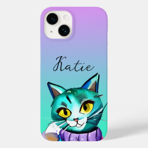Coque Pour iPhone 14 Chat Cute Bleu Kitty Personnalisé