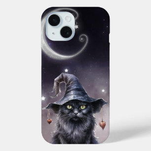 Coque Pour iPhone 15 Chat d'Halloween noir portant un Casquette de sorc