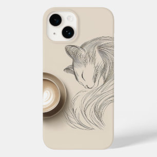 Coque Pour iPhone 14 Chat Endormi Minimaliste en Dessin au Trait & Latt