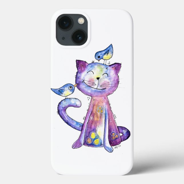 Coques Case-Mate iPhone Chat mignon blanc violet avec oiseaux (Verso)