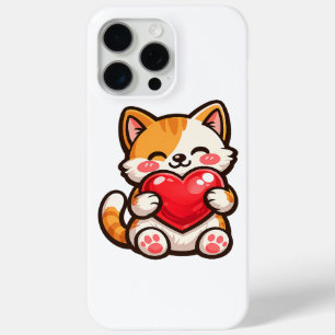 Coque iPhone 15 Pro Max Chat Mignon Cœur – Chat Kawaii Enlaçant un Cœur Ro