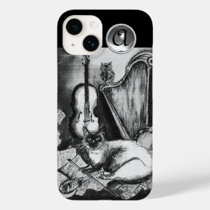 Coque Pour iPhone 14 CHAT MUSICAL, OWL, VIOLIN, HARP Black White Grey M