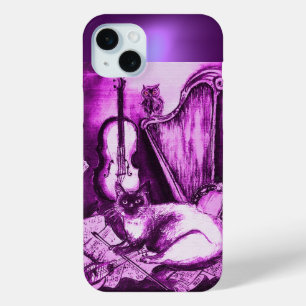 COQUE iPhone 15 MINI CHAT MUSICALE AVEC OWL DANS GEM ROSE PURPLE