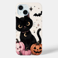 Chat noir au collier Lune Citrouille Rose
