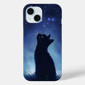 Coque Pour iPhone 15 Chat noir dans la prairie magique Starlit