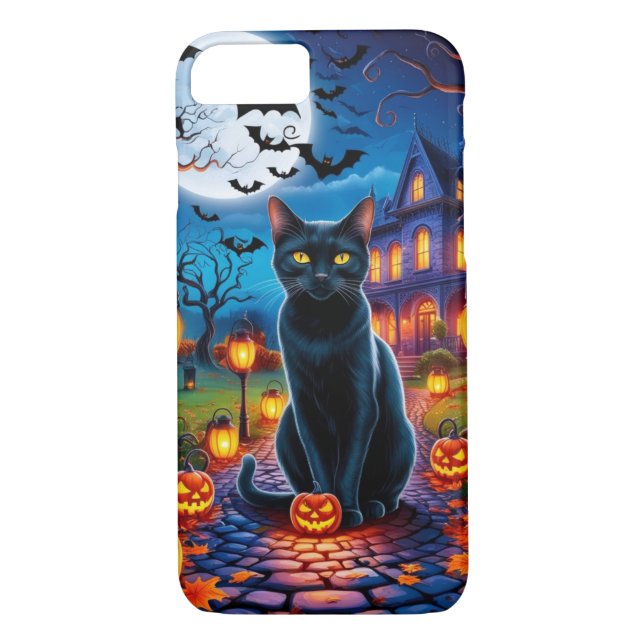 Coques Case-Mate iPhone Chat noir dans le paysage enchanté d'Halloween (Dos)