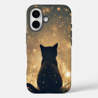 Coque Pour iPhone 16 Chat noir enchanté avec des lucioles