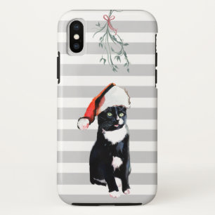 Coque Case-Mate Pour iPhone Chat noir et blanc de Noël avec le casquette de