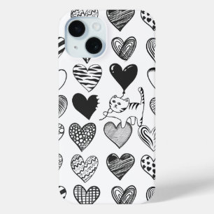 Coque Pour iPhone 15 Chat noir et blanc et Motif de coeur